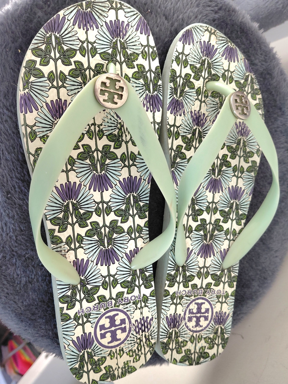 Tory Burch Floral Logo Flip Flops in Mint & Purple